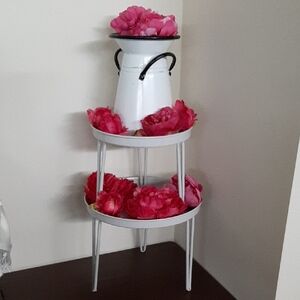 2 Tier White Metal Stackable Stands and Decorative Metal Pitcher Vase